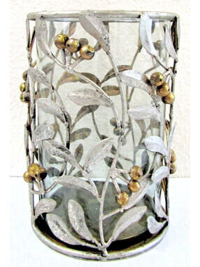 Iron and Glass Silver Leaves and Gold Berries 8 1/4" Tall Pillar Candle Holder